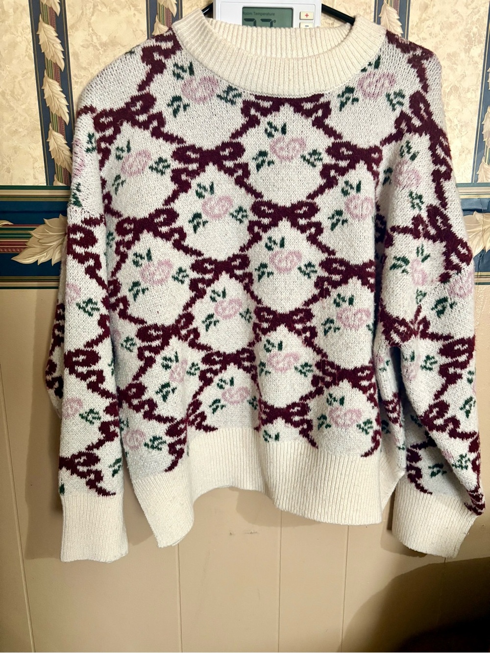 Sincerly Jules Cream Crewneck Sweater with Burgundy & Pink Floral Lattice